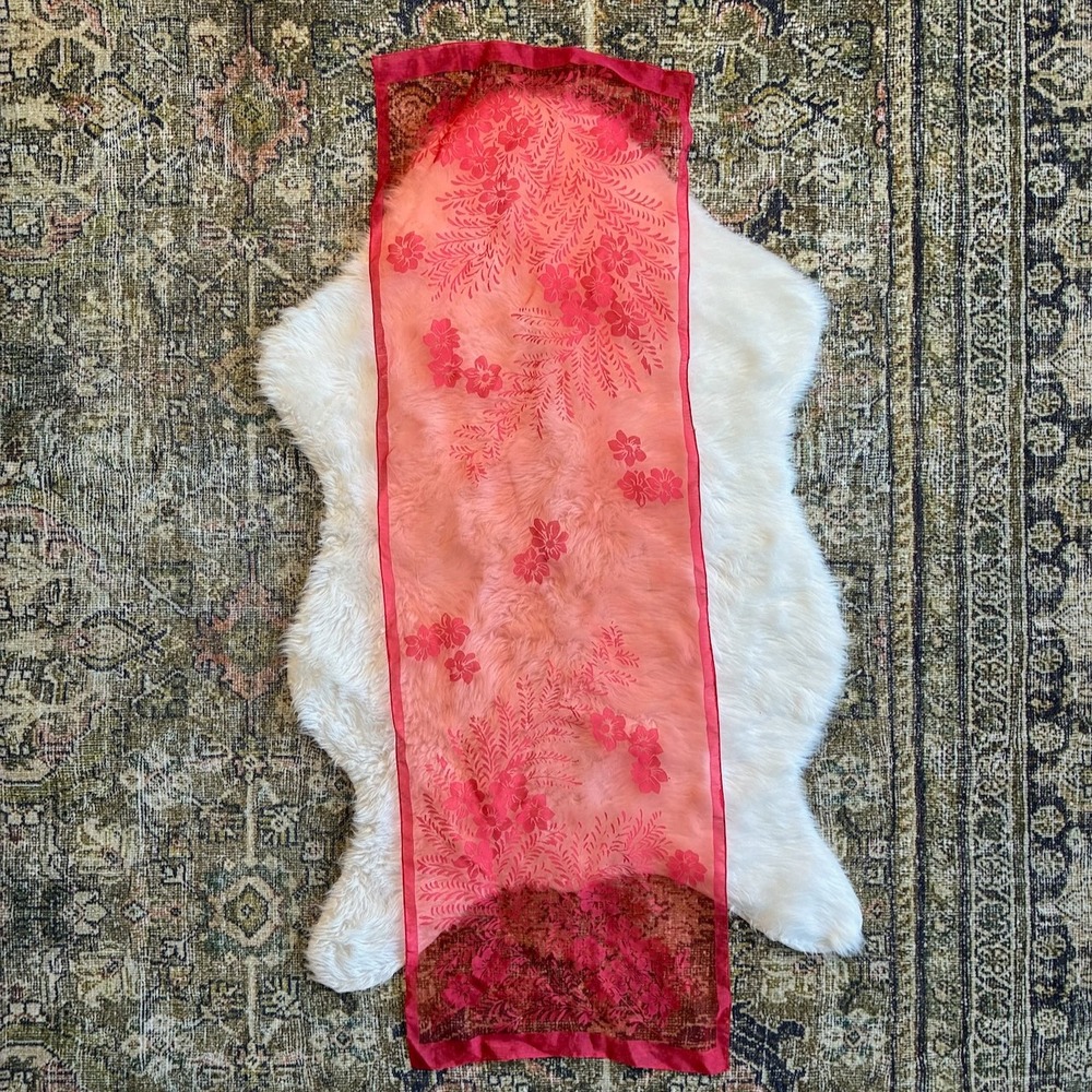 Vintage Sheer Red Floral Scarf Rectangular Lightweight Accessory 40.5x13